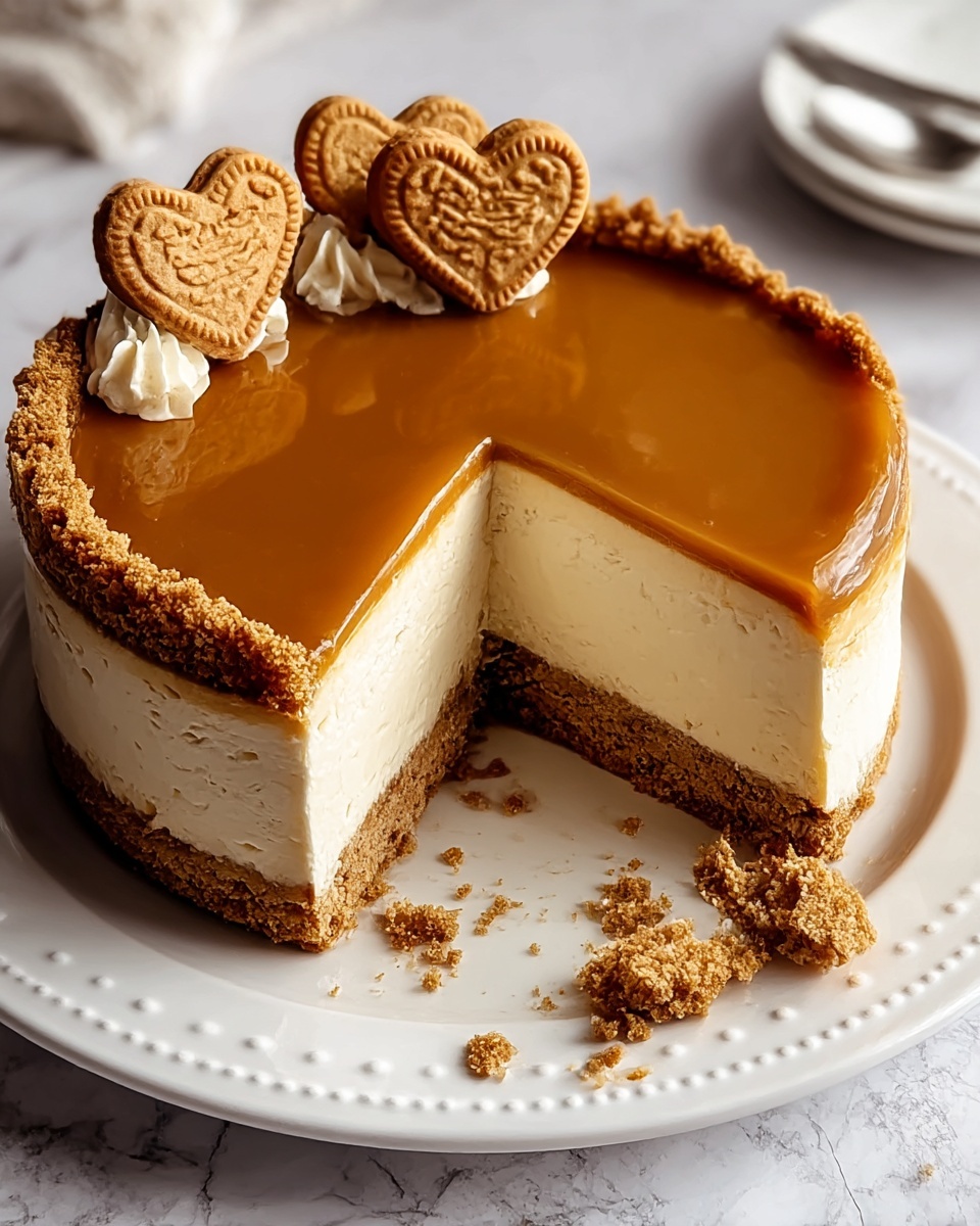 The image shows a creamy cheesecake with three distinct layers on a white plate with a dotted pattern. The bottom layer is a dark brown crumbly cookie crust, the middle layer is thick and smooth cream cheese filling in a pale off-white color, and the top layer is a shiny, smooth caramel-colored glaze. The edges are decorated with crumbled cookie bits, and the top left side has two whole cookies placed as garnish, one topped with a spread of caramel-colored frosting. Some crumbs are scattered on the plate near the cut slice, revealing the inside layers clearly. The background features a white marbled texture with blurred kitchen items. Photo taken with an iphone --ar 4:5 --v 7