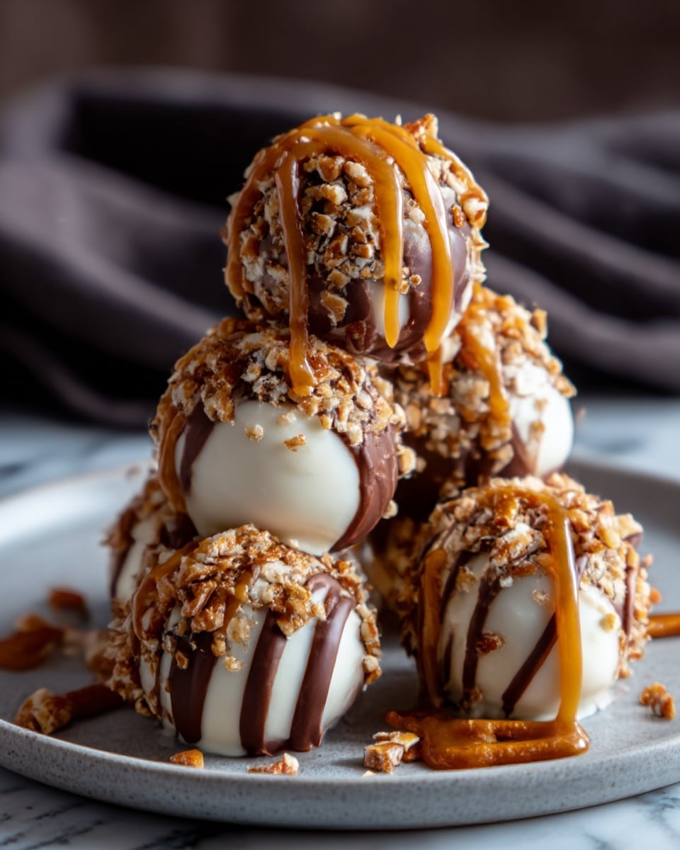 The image shows six round dessert balls arranged in a pyramid shape on a white marbled surface. Each ball is coated in a dark and white chocolate mix, with the bottom half covered in smooth white chocolate and the top half in dark chocolate that is sprinkled with small crunchy nut pieces. Caramel sauce is drizzled generously over the balls, adding a shiny, sticky texture that drips slightly onto the surface. Some small pretzel pieces are scattered around the base, adding a salty crunch contrast. The lighting highlights the glossy texture of the chocolate and caramel, making the treats look rich and delicious. Photo taken with an iphone --ar 4:5 --v 7