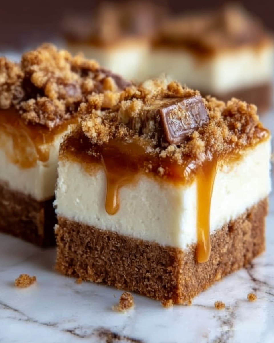 The image shows two thick, square dessert bars with three distinct layers. The bottom layer is a crumbly, light brown crust that looks firm and textured. Above that is a creamy white layer that appears smooth and soft, taking up nearly half the height of the bars. On top of the cream layer is a sticky, shiny caramel layer dripping slightly down the sides, adding a rich golden color. The bars are finished with a crumbly topping made of loose, golden-brown crumbs mixed with small chunks of what looks like caramel or toffee pieces, giving a rough texture. The dessert is set on a dark wooden surface against a white marbled background. photo taken with an iphone --ar 4:5 --v 7