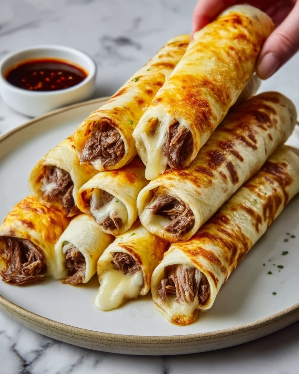 A white plate holds six rolled crepes stacked in two layers, each crepe filled with shredded, tender beef visible at the open ends, and a golden-brown, slightly crispy surface on top with melted cheese melting over the edges. The crepes have light brown grill marks and are arranged neatly on the plate, which sits on a white marbled surface. To the side, a small white bowl contains dark red chili sauce, and a woman's hand holds one crepe, slightly lifting it from the stack. Photo taken with an iphone --ar 4:5 --v 7