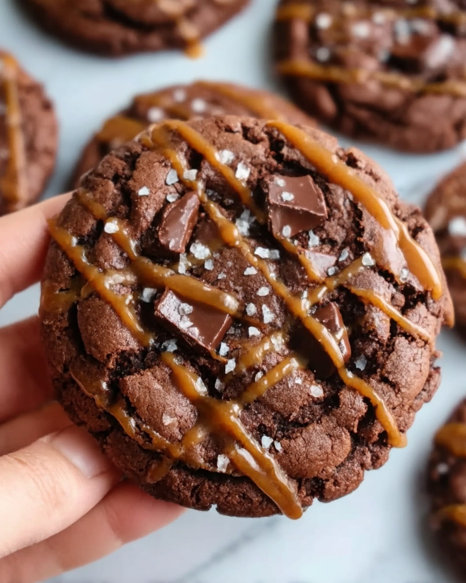 A close-up of a large chocolate cookie being held by a woman's hand, showing a thick, cracked surface filled with melted dark chocolate chunks. The cookie is topped with smooth caramel drizzle and sprinkled with coarse sea salt crystals, adding texture and a slight shine. The background features a white marbled surface with more cookies slightly blurred out. photo taken with an iphone --ar 4:5 --v 7