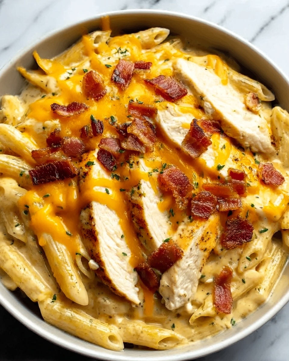 A white bowl filled with creamy pasta, layered with penne coated in a smooth, light beige sauce. On top, there are chunks of cooked chicken breast with a slightly shiny, tender texture, mixed evenly with the pasta. The dish is topped with melted yellow cheddar cheese, spread out in an even layer, with small pieces of crispy brown bacon scattered on top. A sprinkle of black pepper and green herbs adds subtle color contrast. The background is a white marbled texture, photo taken with an iphone --ar 4:5 --v 7