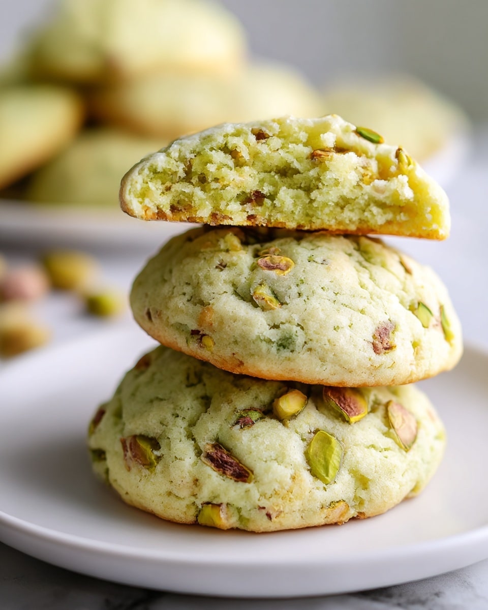 A stack of three soft, light green cookies sits neatly on a small white plate on a white marbled surface. The top cookie is broken in half, showing a soft, crumbly interior mixed with small, chopped pistachio pieces in shades of green and brown. The cookies have a slightly cracked texture on the surface with more pistachio chunks scattered on top. In the background, more cookies are blurred on a wooden tray. photo taken with an iphone --ar 4:5 --v 7