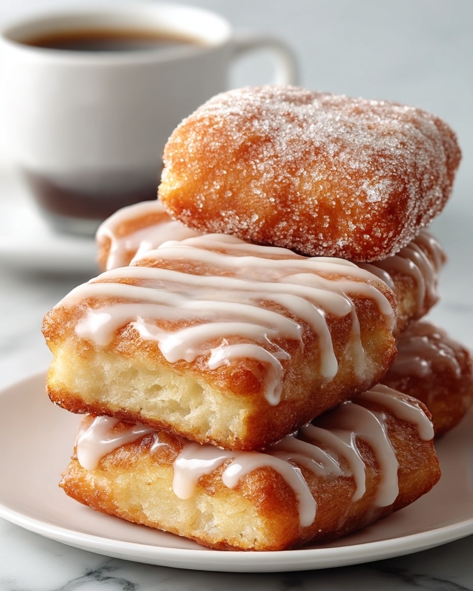 The image shows four square, golden-brown pastries with a light, fluffy inside texture. Two pastries are topped with a thick white icing drizzle that shines slightly, while the other two are covered with a coarse sugar layer, giving them a crunchy look. They rest stacked on a white plate, placed on a white marbled surface. In the background, there is a white cup filled with dark coffee, blurred to keep focus on the pastries. photo taken with an iphone --ar 4:5 --v 7