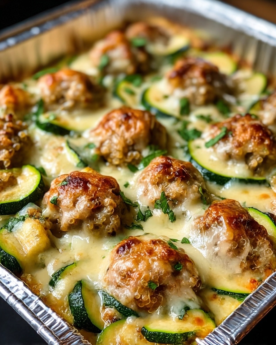 The dish is a baked casserole in a silver foil tray filled with layers of golden melted cheese with slightly browned tops. Beneath the cheese are round meatballs mixed with quinoa, showing a light brown textured surface. Around the meatballs are bright green chopped herbs and thin green zucchini slices layered all over, sitting in a creamy white sauce that fills the tray. The cheese layer is thick and bubbly, covering most parts of the quinoa meatballs and zucchini, creating a rich, textured, and colorful look. Photo taken with an iphone --ar 4:5 --v 7
