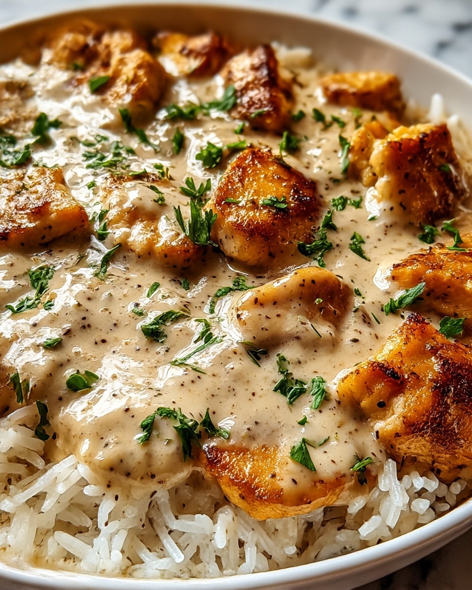 A close-up image of a white bowl filled with a three-layer dish sitting on a white marbled surface. The bottom layer is soft, fluffy white rice with visible grain texture. The middle layer is a thick, creamy light beige sauce with specks of black pepper, smoothly covering the rice. The top layer consists of golden-brown, pan-seared chicken pieces with a slightly crispy texture, scattered evenly and partially covered by more sauce. Fresh green chopped herbs are sprinkled on top, adding a touch of color and freshness. photo taken with an iphone --ar 4:5 --v 7
