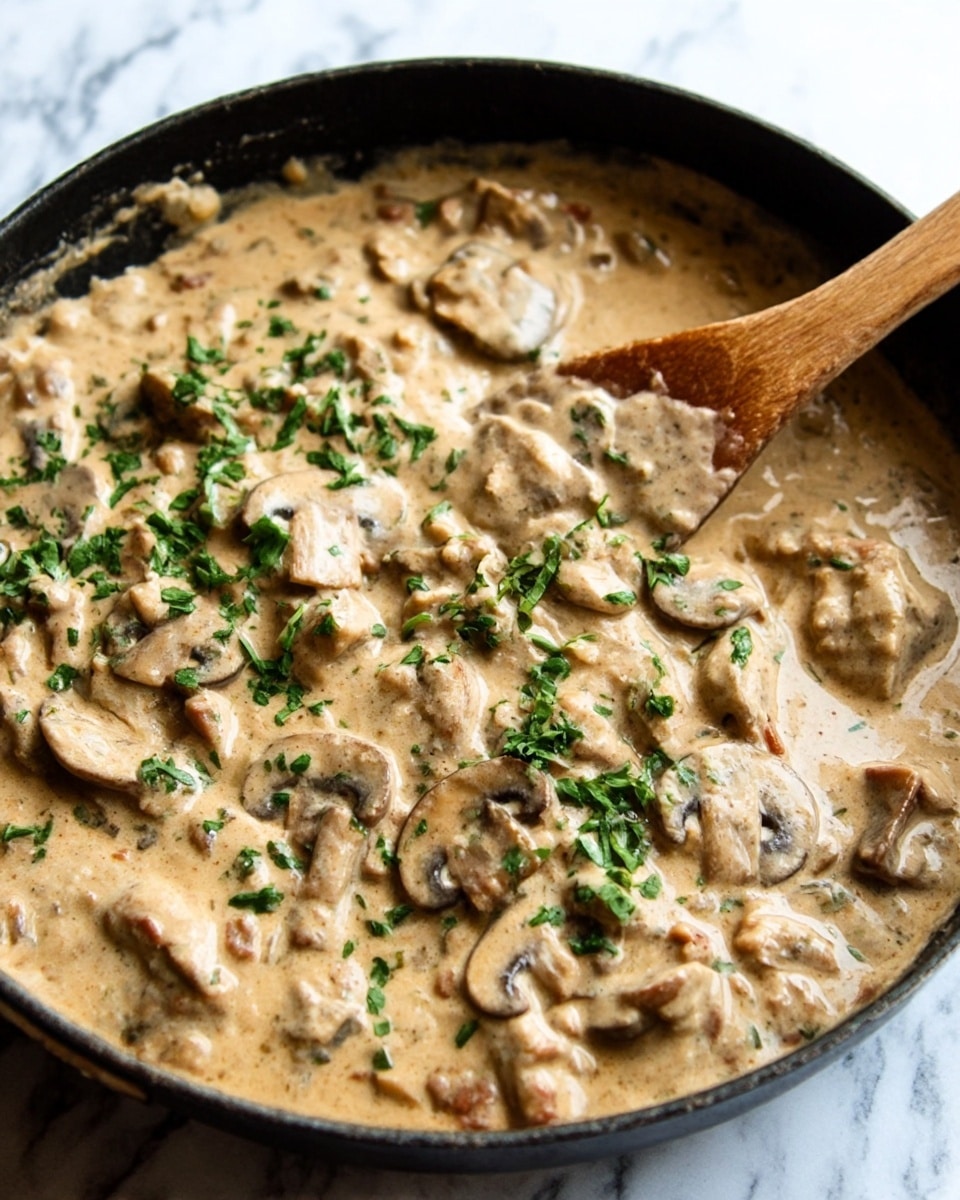 The image shows a black pan filled with a creamy mushroom and meat sauce. The sauce has a beige color with visible pieces of sliced brown mushrooms and small chunks of meat mixed throughout. There is a sprinkle of fresh green herbs on top, giving a slight pop of color. A wooden spoon is placed inside the pan, partially covered in the sauce. The background is a white marbled texture, enhancing the rich, smooth look of the dish. Photo taken with an iphone --ar 4:5 --v 7
