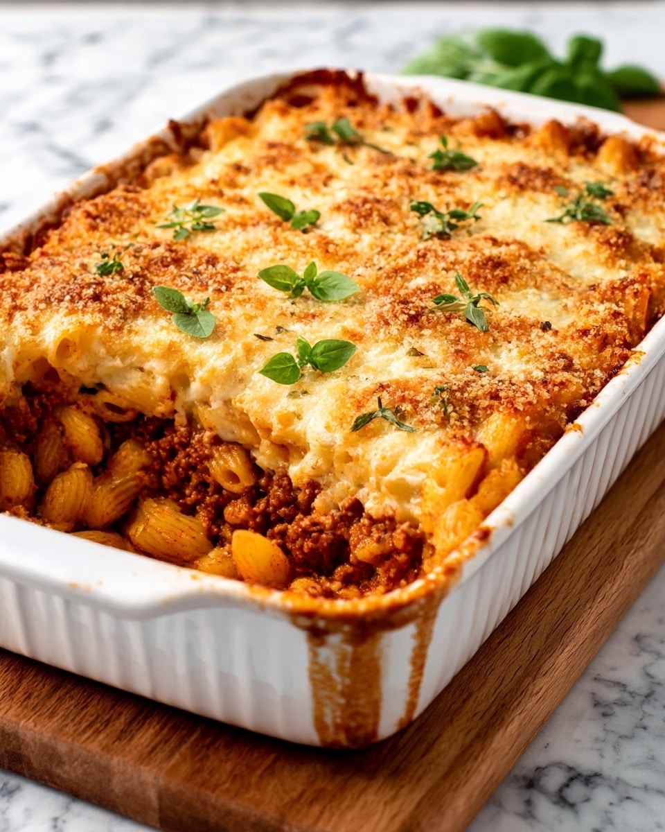 A white rectangular ceramic dish is filled with a baked pasta casserole, showing a golden brown and slightly crispy top layer of melted cheese with some herb leaves scattered on top for garnish. Below the top, there are visible layers of pasta and a thick, rich tomato sauce mixed with ground meat and cheese. The edges of the dish show some bubbling sauce and browned cheese, giving a warm, homemade feel. The dish is set on a wooden board with a white marbled surface background. Photo taken with an iphone --ar 4:5 --v 7