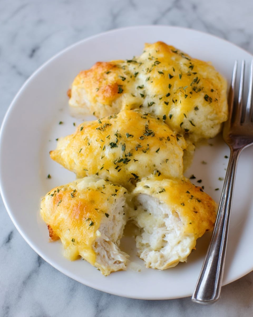 The image shows a white plate with three pieces of baked chicken topped with melted golden-yellow cheese that is slightly browned in some spots. The chicken is cut open, revealing white, tender, and juicy meat inside. The melted cheese is sprinkled with green dried herbs, adding texture and color contrast to the dish. The plate is placed on a white marbled surface with a silver fork visible on the right side, partially on the plate, enhancing the scene with a casual dining feel. photo taken with an iphone --ar 4:5 --v 7