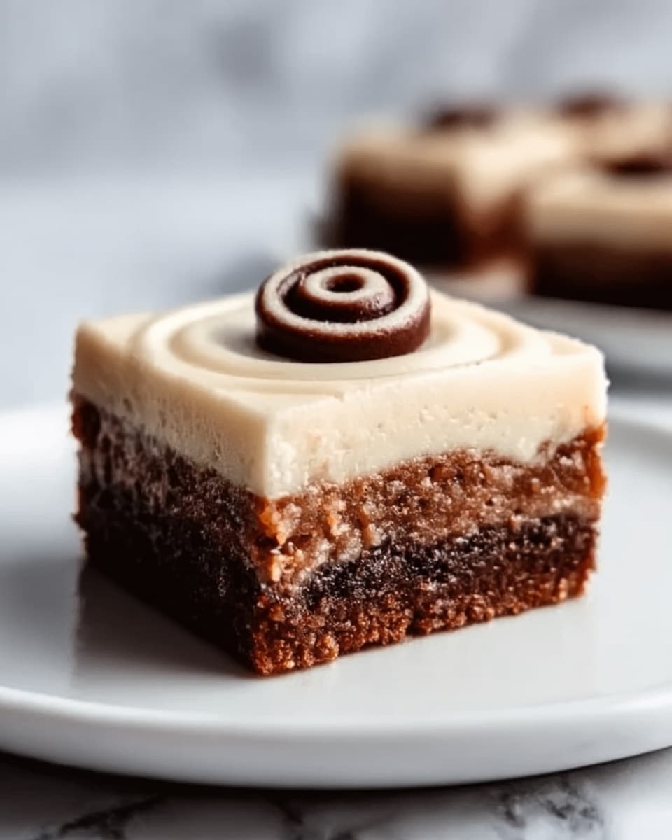 A square dessert bar with three visible layers: the bottom layer is a dense, dark brown chocolate or cookie crust; the middle layer is a thick, light brown filling with a creamy texture; the top layer is a smooth, pale cream-colored frosting decorated with a small, round chocolate piece or candy in the center. The bar is placed on a white plate, and the background features a white marbled texture. Photo taken with an iphone --ar 4:5 --v 7