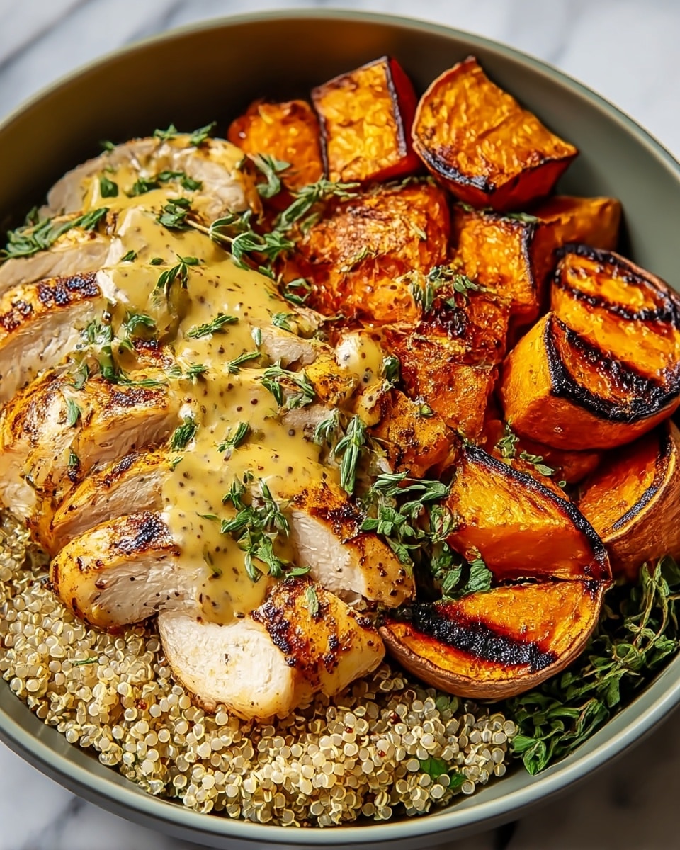A large bowl holds a layered dish starting with a bottom layer of small, round quinoa grains in a light beige color. On top of this, there are juicy grilled chicken slices with a golden-brown char, covered in creamy mustard-yellow sauce with visible black pepper specks, garnished with fresh green herbs. To the side, chunks of roasted sweet potatoes show a vibrant orange color with dark grill marks and slightly crispy edges. The bowl is set against a white marbled texture. photo taken with an iphone --ar 4:5 --v 7
