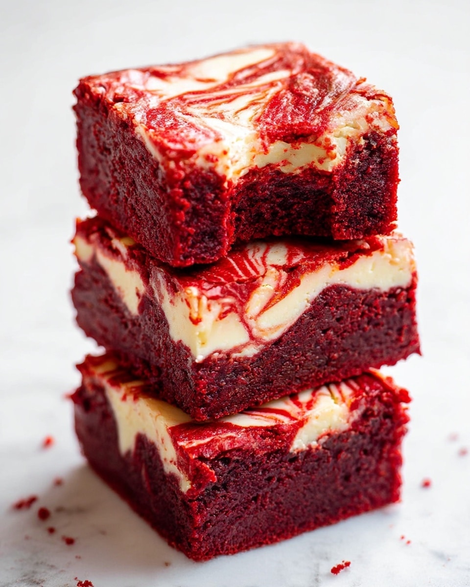 A stack of three thick square red velvet brownies with cream cheese swirls on top and between each layer. The brownies are deep red with a moist, dense texture. The cream cheese layers are creamy white with marbled patterns blending softly into the red brownie batter. The stack is placed on a white marbled surface with some small crumbs scattered around. The top brownie has a small bite taken out of the corner, showing the rich inner texture. photo taken with an iphone --ar 4:5 --v 7