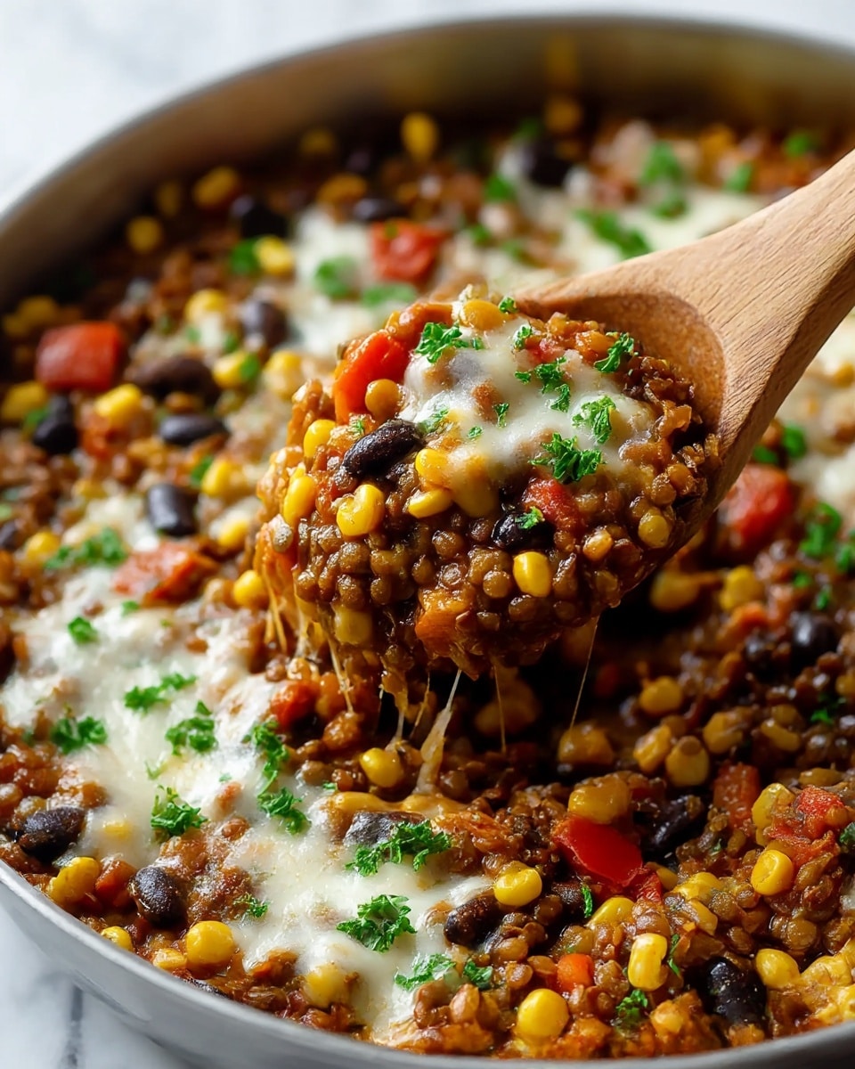 A close-up view of a cooked lentil dish in a large pan, showing one scoop lifted by a wooden spoon. The dish has a mix of dark brown lentils, bright yellow corn kernels, black beans, and small chunks of red bell pepper, all mixed together. The top layer has melted white cheese with small green parsley pieces sprinkled on it, adding a fresh look. The texture looks moist and hearty with a mix of soft beans and melted cheese stretching slightly as the spoon lifts a portion. The pan rests on a white marbled surface. photo taken with an iphone --ar 4:5 --v 7