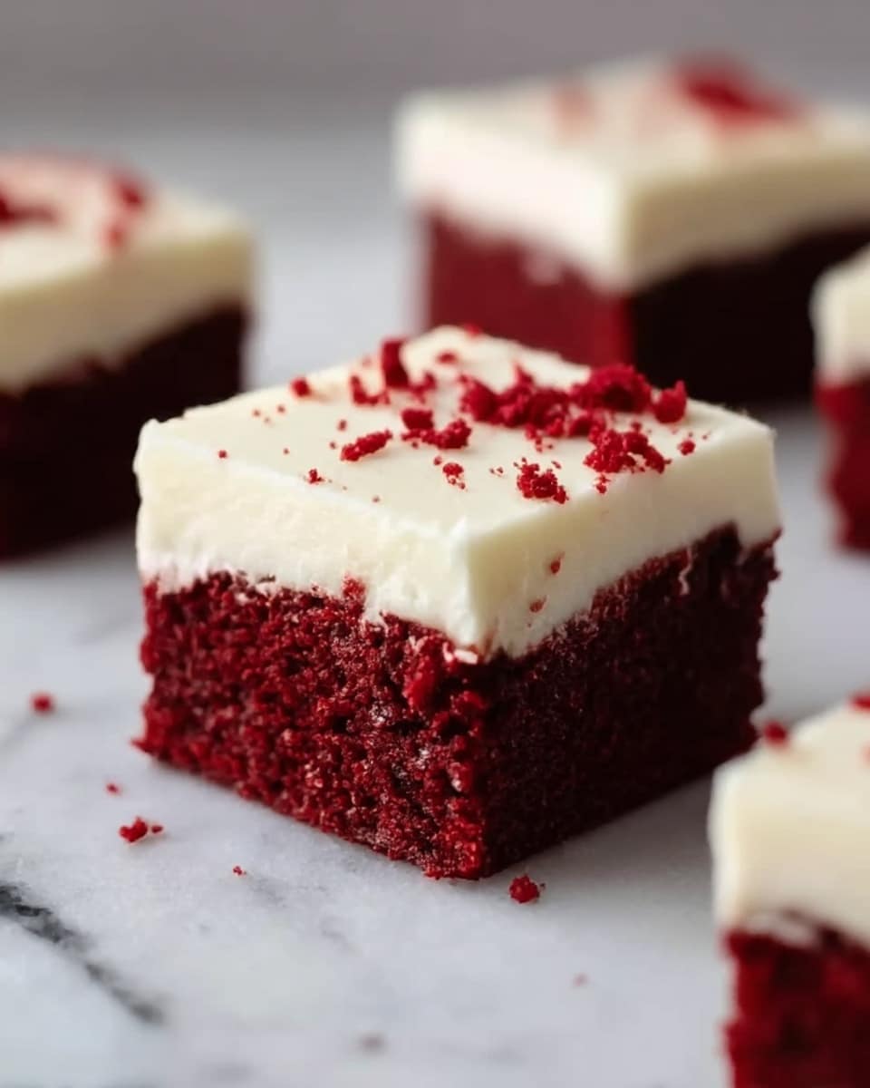 The image shows a close-up of a square piece of red velvet cake with two clear layers. The bottom layer is thick and dark red with a moist, soft texture, while the top layer is a smooth, creamy white frosting that covers the cake evenly. There are small red crumbs sprinkled on top of the frosting, adding a bit of texture and color contrast. In the background, there are blurred pieces of the same cake on a white marbled surface. photo taken with an iphone --ar 4:5 --v 7