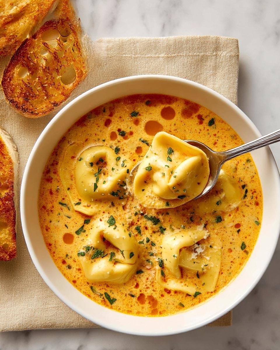 A white bowl filled with a creamy orange soup with small oil spots on the surface, containing five large, soft tortellini pasta pieces showing their folded and stuffed shape with a pale yellow color, sprinkled with finely chopped green herbs and grated cheese. A silver spoon inside the bowl is holding one tortellini, partially covered by the soup. On the upper left side, a piece of toasted golden brown bread with a textured crust rests beside the bowl on a beige cloth, all set on a white marbled background. photo taken with an iphone --ar 4:5 --v 7