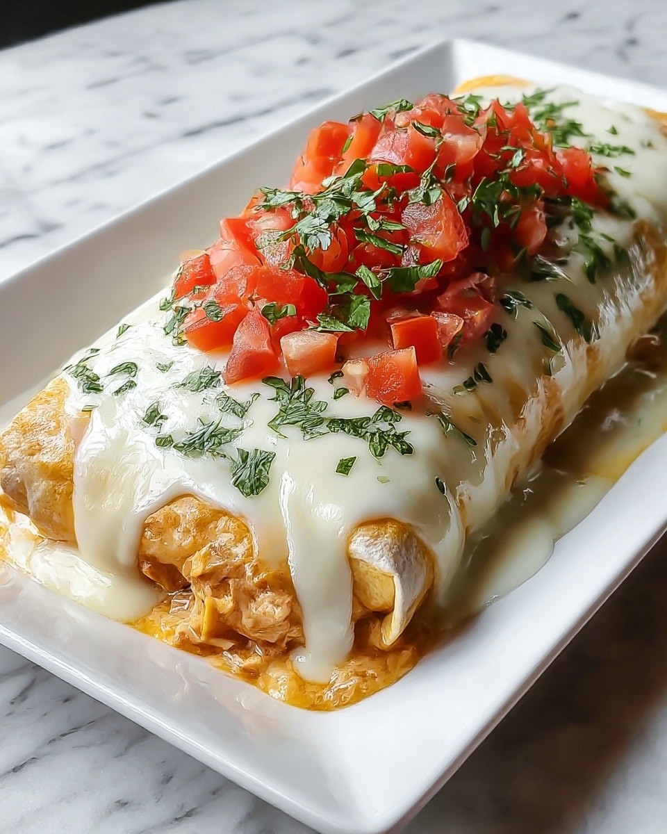 A large burrito rests on a white rectangular plate with three visible layers, starting with a soft, golden-brown tortilla wrapping the filling of cooked chicken pieces mixed with a creamy, light orange sauce. The burrito is covered with a thick, melted layer of white cheese that drapes over the edges with a glossy and smooth texture. On top of the cheese sits a generous pile of finely chopped bright red tomatoes mixed with small green cilantro leaves, adding fresh color and texture. The plate is set on a white marbled surface. photo taken with an iphone --ar 4:5 --v 7