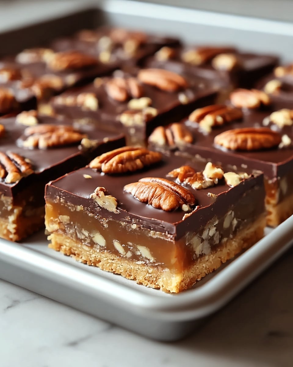 A close-up view of a square dessert bar in a baking tray, showing three thick layers: the bottom layer is a light golden brown crumbly crust, the middle layer is a smooth, translucent caramel filling with embedded chopped nuts giving a textured look, and the top layer is a thick, glossy dark chocolate coating with whole pecans and walnut pieces pressed into the chocolate surface evenly. The edges show a neat cut revealing all layers clearly. The tray is placed on a white marbled texture surface. photo taken with an iphone --ar 4:5 --v 7