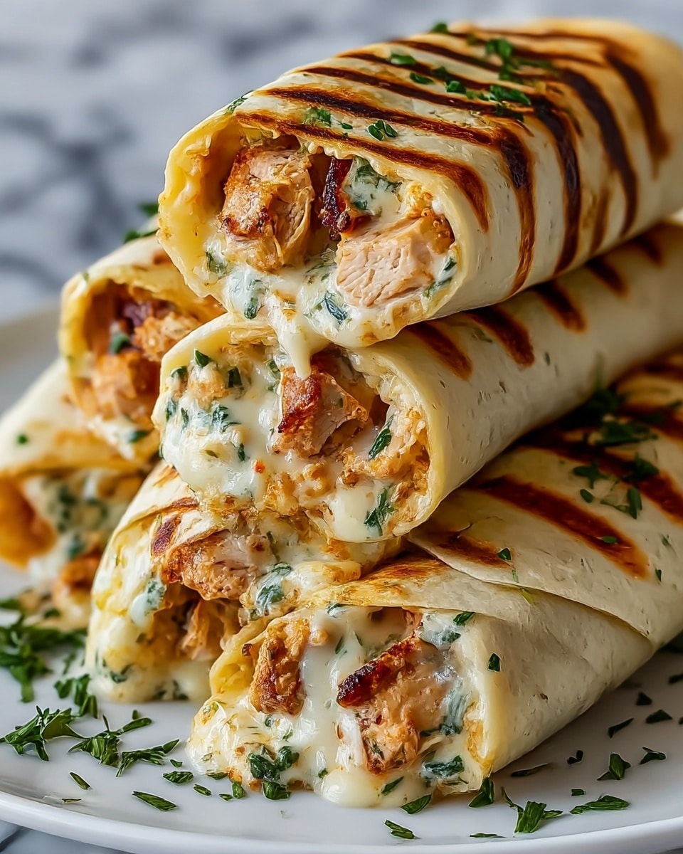 The image shows several grilled burritos stacked on a white plate, each burrito wrapped in a light golden-brown tortilla with grill marks on top. The burritos are filled with tender, browned chicken pieces mixed with creamy, melted white cheese that has green herb bits sprinkled throughout. The tortillas are slightly folded around the filling, showing the inside layers of juicy chicken and gooey cheese with green herbs. Small bits of fresh chopped herbs are sprinkled over the top of the burritos and plate, adding a touch of green color. The dish is placed on a surface with a white marbled texture. photo taken with an iphone --ar 4:5 --v 7