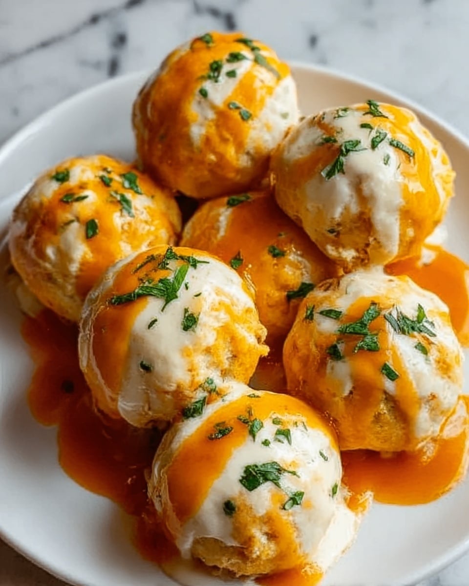 The image shows several round, creamy balls of food arranged closely on a white plate. Each ball has two main layers of sauce dripping over it: a thick white sauce that covers the top and sides, topped with a bright orange sauce that flows down smoothly. Small pieces of fresh green herbs are sprinkled on top of the sauce, adding a touch of color. The overall texture looks soft and moist, with the sauces creating a shiny, rich look. The background is a white marbled surface. photo taken with an iphone --ar 4:5 --v 7