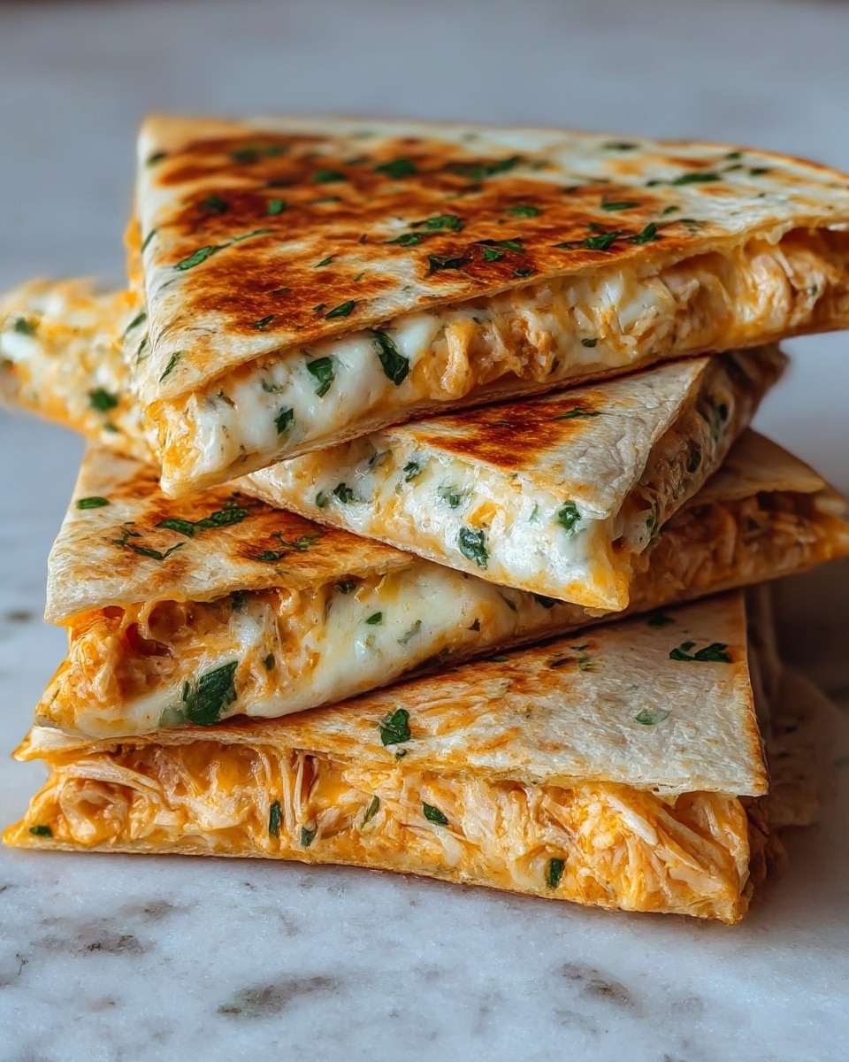 A close-up of a stack of four folded quesadilla triangles, each with a golden-brown toasted flour tortilla on the outside, topped with finely chopped green herbs. Inside, the quesadillas have two visible layers: one layer of white melted cheese with green herbs mixed in, and beneath it a layer of shredded, light brown cooked chicken mixed with a light orange sauce. The stack is placed on a white marbled texture surface, showing the layers clearly because of the shape and the slight openings in the triangles. photo taken with an iphone --ar 4:5 --v 7