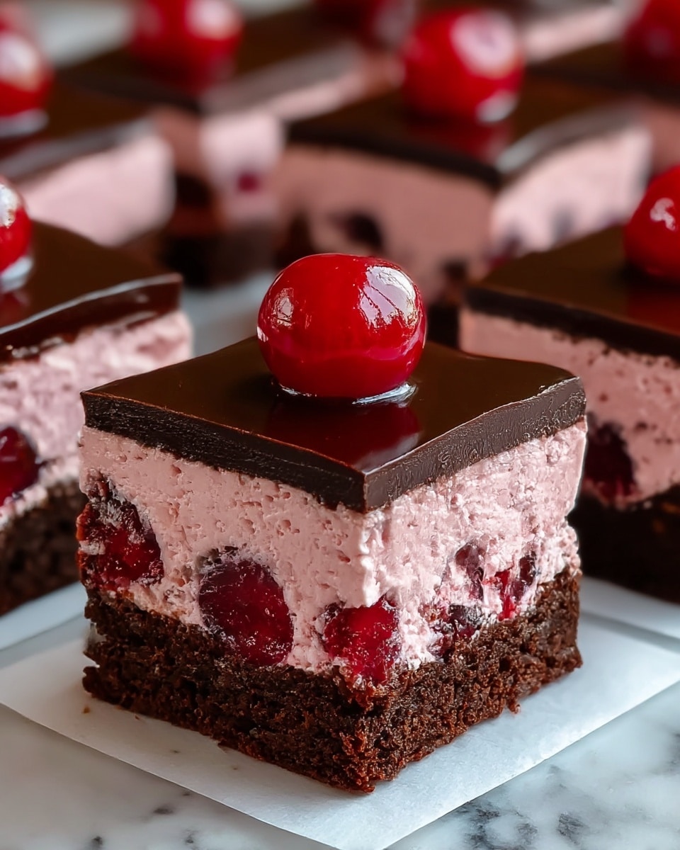 The image shows a close-up of multiple square chocolate cherry desserts on white paper against a white marbled texture surface. Each piece has three layers: a thick, dense dark chocolate base with a slightly crumbly texture, a middle layer of light pink creamy filling with visible chunks of bright red cherries inside, and a smooth, glossy dark chocolate top. On top of each square sits a shiny, whole red cherry. The overall look is rich with a contrast of dark brown and bright red colors. photo taken with an iphone --ar 4:5 --v 7