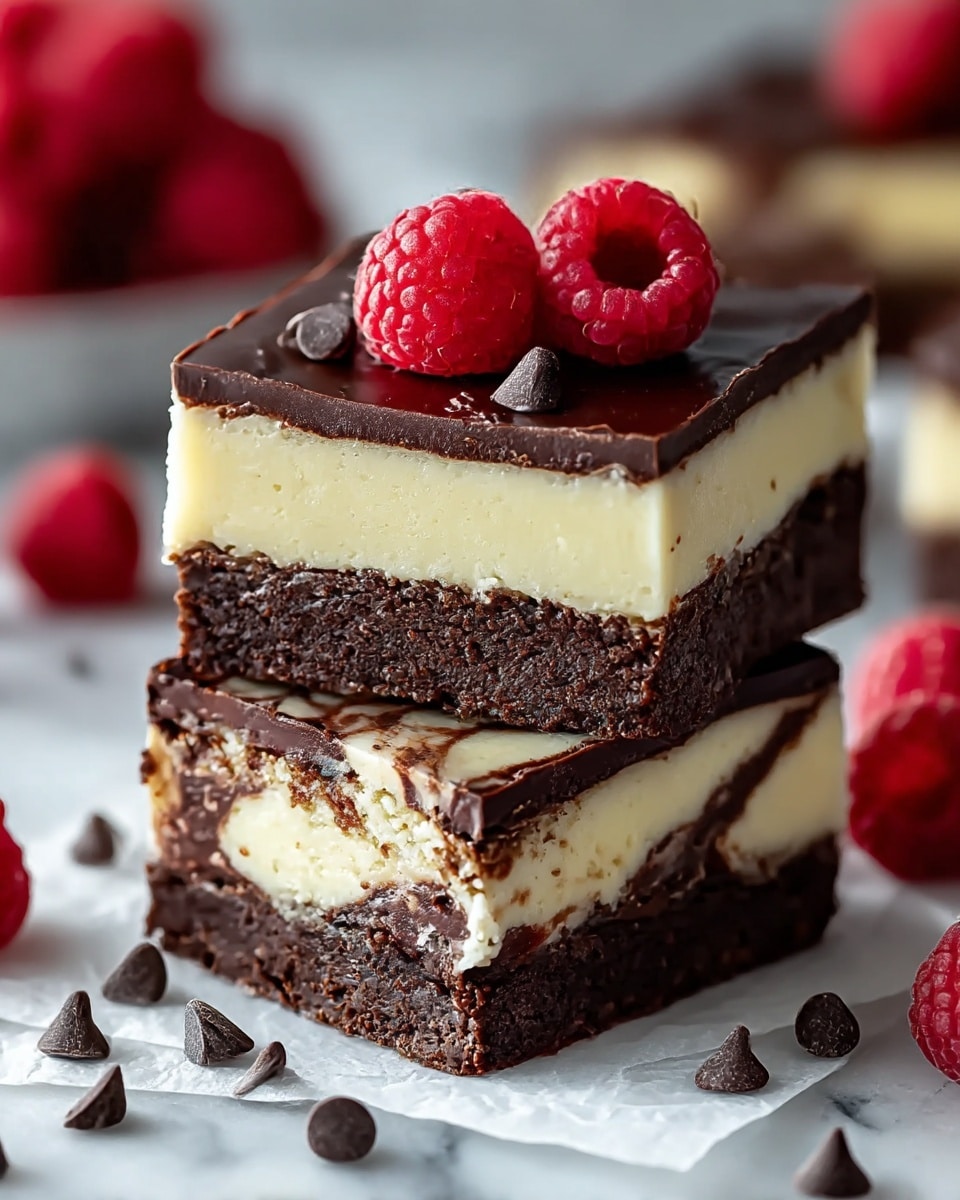 The image shows two stacked squares of a layered dessert on white parchment paper, placed on a white marbled surface. The top dessert has three layers: a thick, smooth middle cream layer in pale yellow sandwiched between dense, dark brown chocolate layers. The top chocolate layer is shiny with some small chocolate chunks and two bright red raspberries on top as decoration. The bottom dessert piece features a marbled mix of cream and chocolate in the middle layer, with the same dense chocolate base. Around the desserts are loose chocolate chips and a few fresh raspberries scattered. The background is softly blurred with more raspberries visible. Photo taken with an iphone --ar 4:5 --v 7