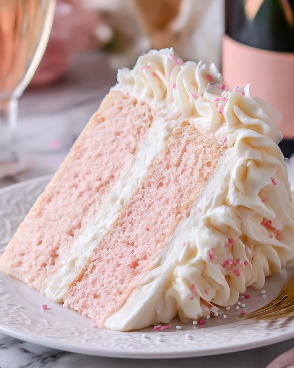 A slice of three-layer cake is shown on a white plate with a delicate embossed pattern. The cake layers are light pink and fluffy with two thin layers of white creamy frosting in between. The outside is coated with smooth white frosting, decorated at the edge with thick curly white cream swirls and small white and pink sprinkles. The cake looks soft and moist, placed on a white marbled surface with soft background objects slightly blurred. Photo taken with an iphone --ar 4:5 --v 7