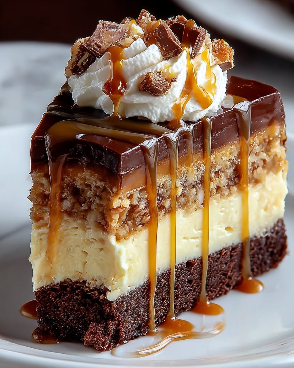 A slice of rich dessert with four layers is shown on a white plate, placed on a white marbled surface. The bottom layer is dark brown and looks dense and moist like chocolate cake. Above that is a thick, creamy light yellow layer. The third layer is a nutty, crumbly mix with a golden caramel tone. The top layer is a shiny, smooth dark chocolate glaze, with caramel sauce dripping down the sides. On top of the slice, there is a dollop of white whipped cream garnished with small pieces of chocolate and nuts, all drizzled with more caramel sauce. Photo taken with an iphone --ar 4:5 --v 7