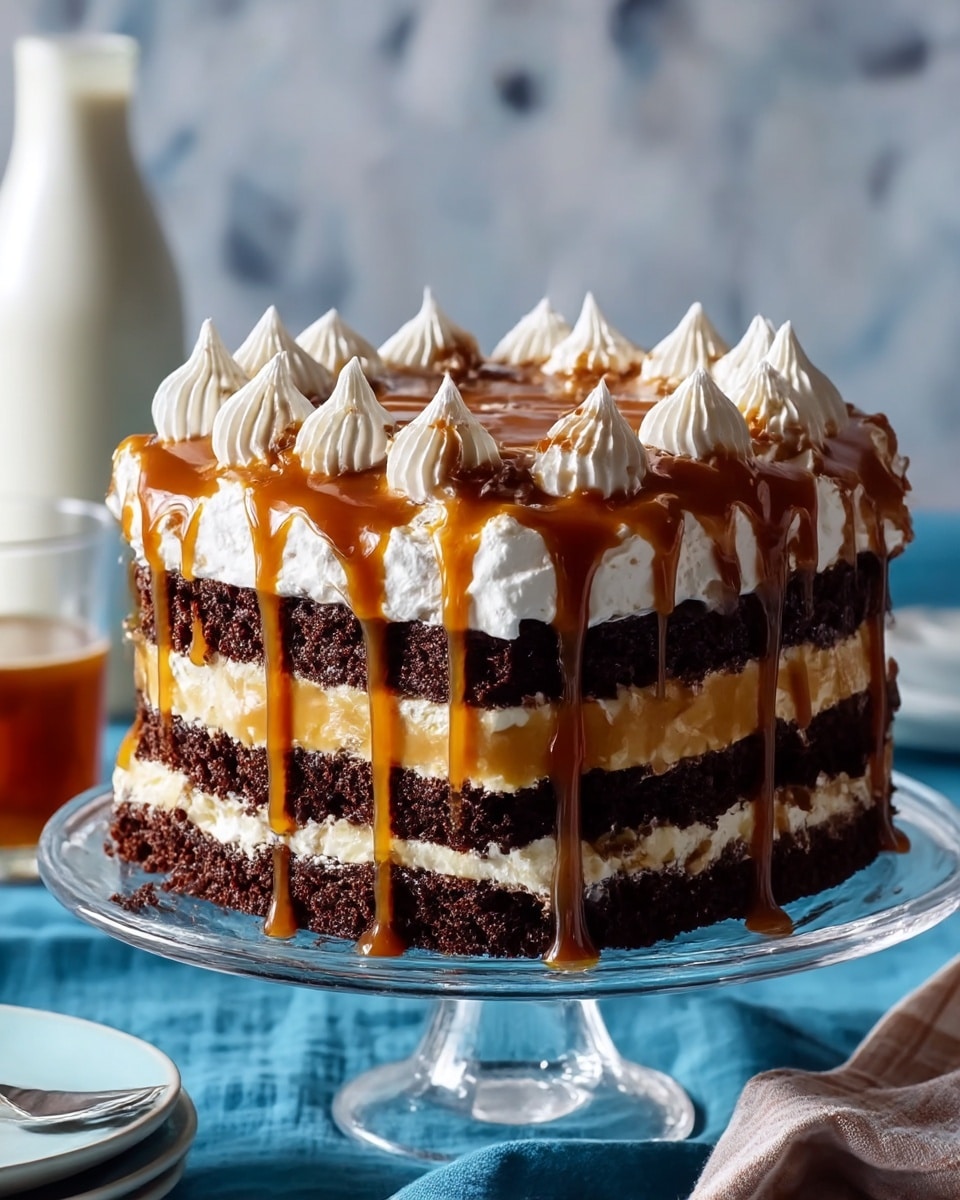 This dessert has three thick dark brown chocolate cake layers, with two golden caramel and light yellow cream layers between them. The top has a thick layer of white whipped cream decorated with small cream peaks, each drizzled with rich caramel sauce that drips down the sides. The cake sits on a clear glass stand, placed on a blue cloth with a white marbled textured background. Behind the cake, there is a blurred white bottle and a glass with a brown liquid. photo taken with an iphone --ar 4:5 --v 7