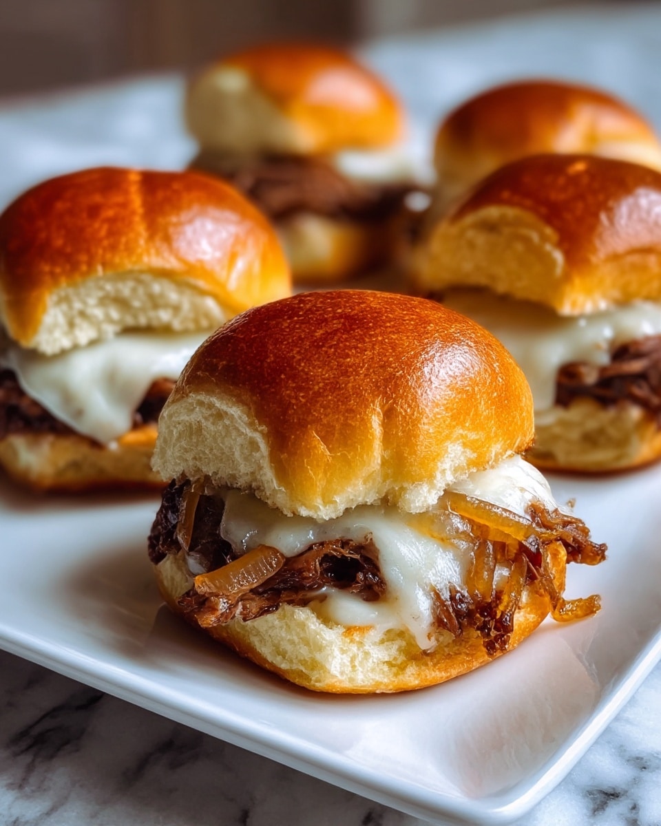 Four small sandwiches sit on a white plate over a white marbled surface. Each sandwich has two soft, shiny, golden brown buns as the top and bottom layers. Between the buns, there is a layer of brown shredded meat mixed with a layer of melted white cheese and caramelized light golden onions. The cheese looks glossy and slightly stretchy, melting into the meat and onions. The close-up shot shows the soft, fluffy texture of the buns and the juicy, rich filling inside. Photo taken with an iphone --ar 4:5 --v 7