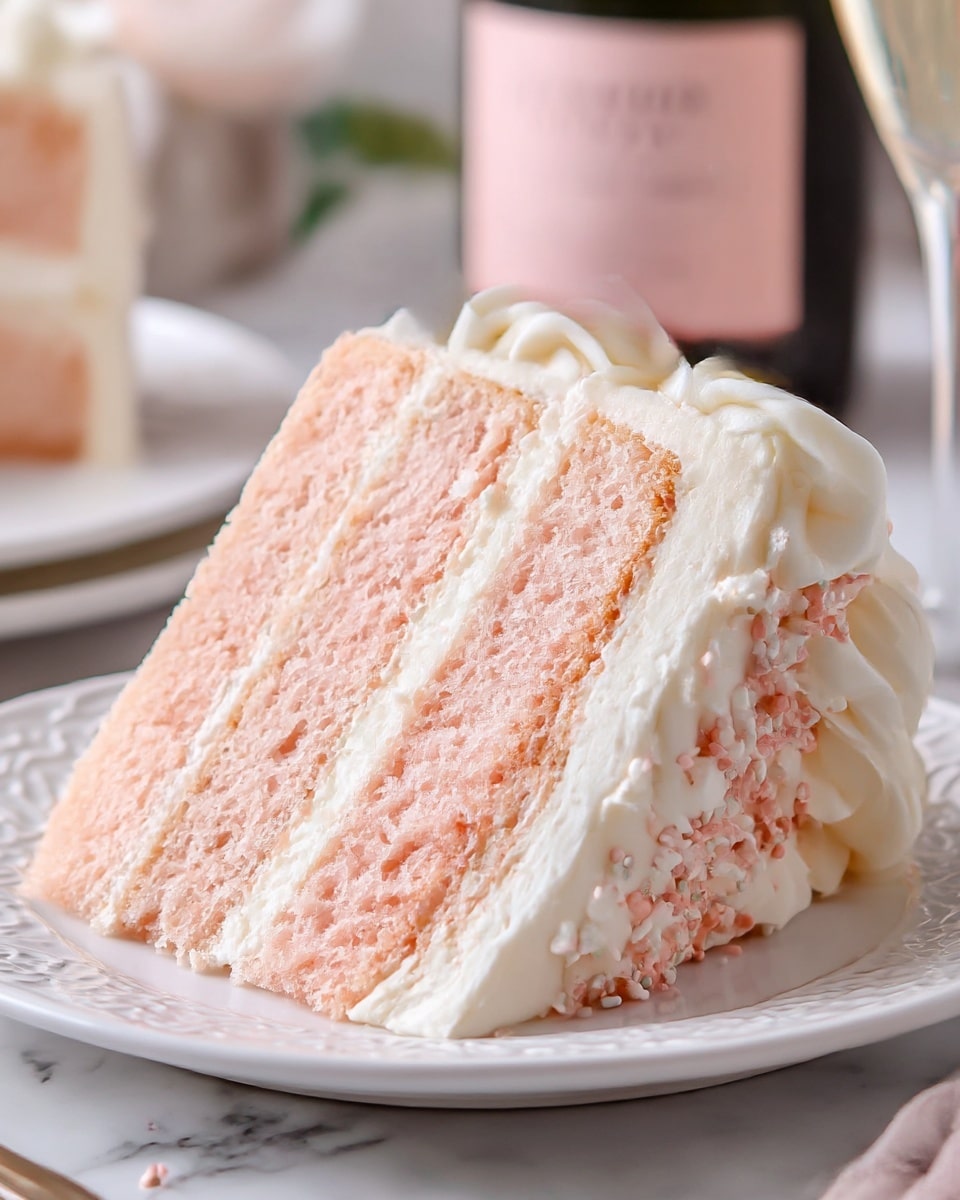 The image shows a slice of cake with three layers of soft, light pink sponge separated by two layers of creamy white frosting. The outside of the cake is covered in smooth white frosting with decorative white swirls and small sprinkles in pale pink and white along the side. The slice is placed on a white plate with delicate embossed patterns, sitting on a white marbled surface. In the background, a blurred bottle with a soft pink label is partially visible. photo taken with an iphone --ar 4:5 --v 7