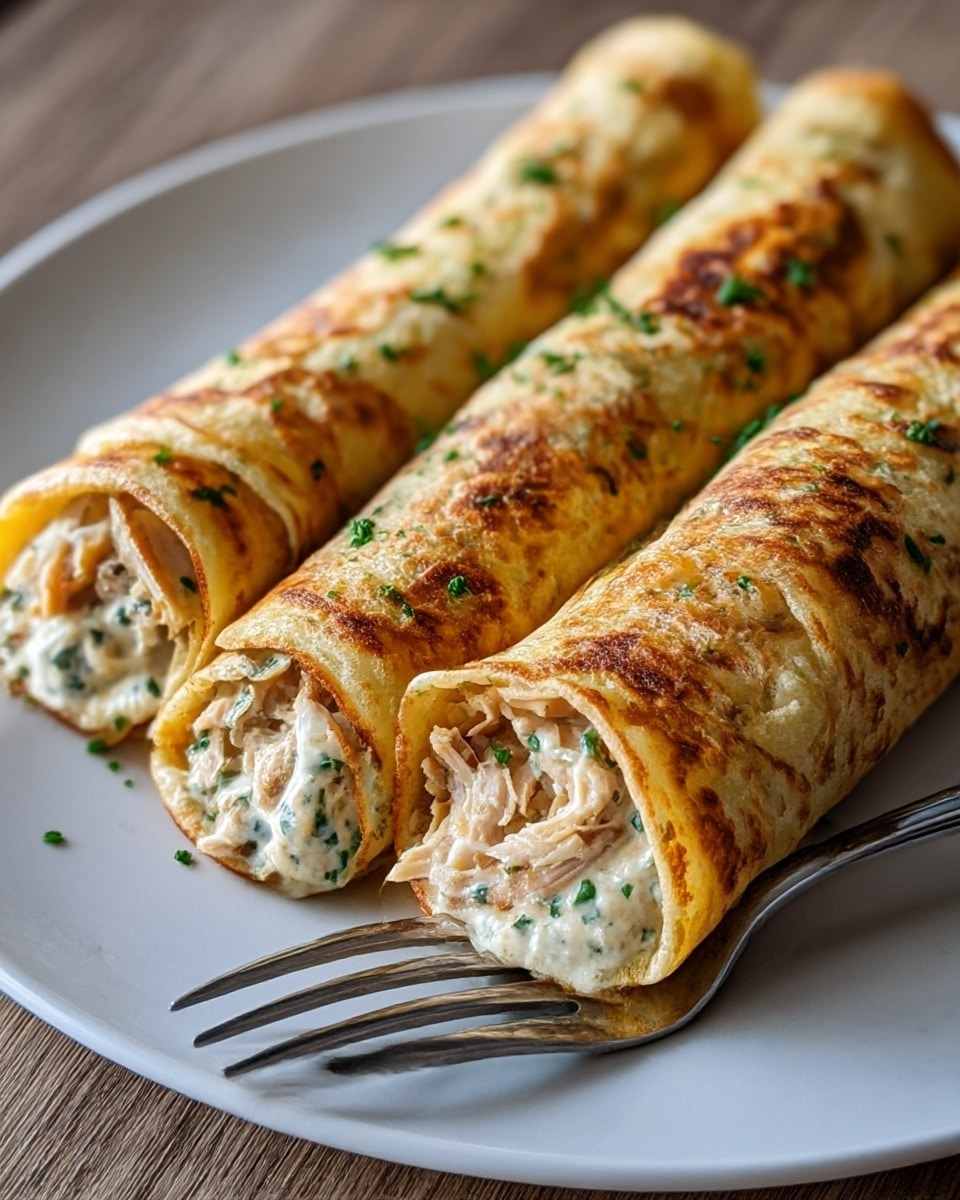 The image shows four rolled crepes placed closely together on a white plate, each crepe having a golden-brown, slightly crispy outer layer with some darker toasted spots and sprinkled green herbs on top. Inside each crepe, there is a visible filling of shredded light brown chicken mixed with creamy white sauce speckled with green herbs, giving a soft and smooth texture. A silver fork rests on the edge of the plate, which is set on a natural wooden surface. The focus is close-up, capturing the texture and color contrast between the crispy crepe and the creamy chicken filling. photo taken with an iphone --ar 4:5 --v 7