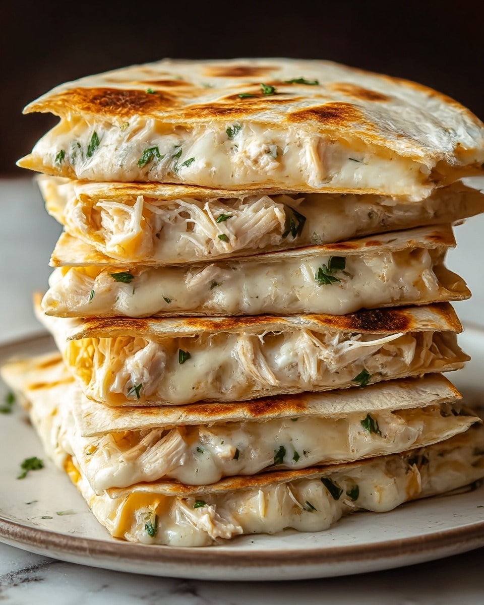 A stack of four folded quesadillas on a white plate with a white marbled texture background. Each quesadilla has a golden-brown grilled tortilla folded in half, with a thick layer of white melted cheese mixed with shredded chicken and small parsley pieces visible inside. The tortillas show some browned spots from cooking. The stack is layered neatly, showing the creamy, cheesy filling clearly between each tortilla fold. photo taken with an iphone --ar 4:5 --v 7