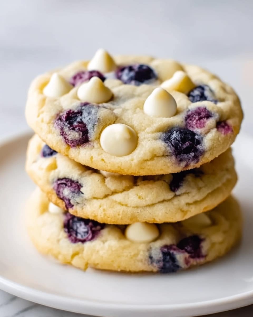 A stack of three thick cookies sits on a white plate on a white marbled surface. Each cookie is round with a soft, bumpy texture, light golden color on the edges, and a creamier color in the center. The cookies are filled with dark purple blueberries that are slightly sunken into the dough, and each cookie has several white chocolate chips, some melted and blending softly with the cookie surface. The stack shows the layers clearly, with the cookies slightly uneven, giving a homemade feel. Photo taken with an iphone --ar 4:5 --v 7