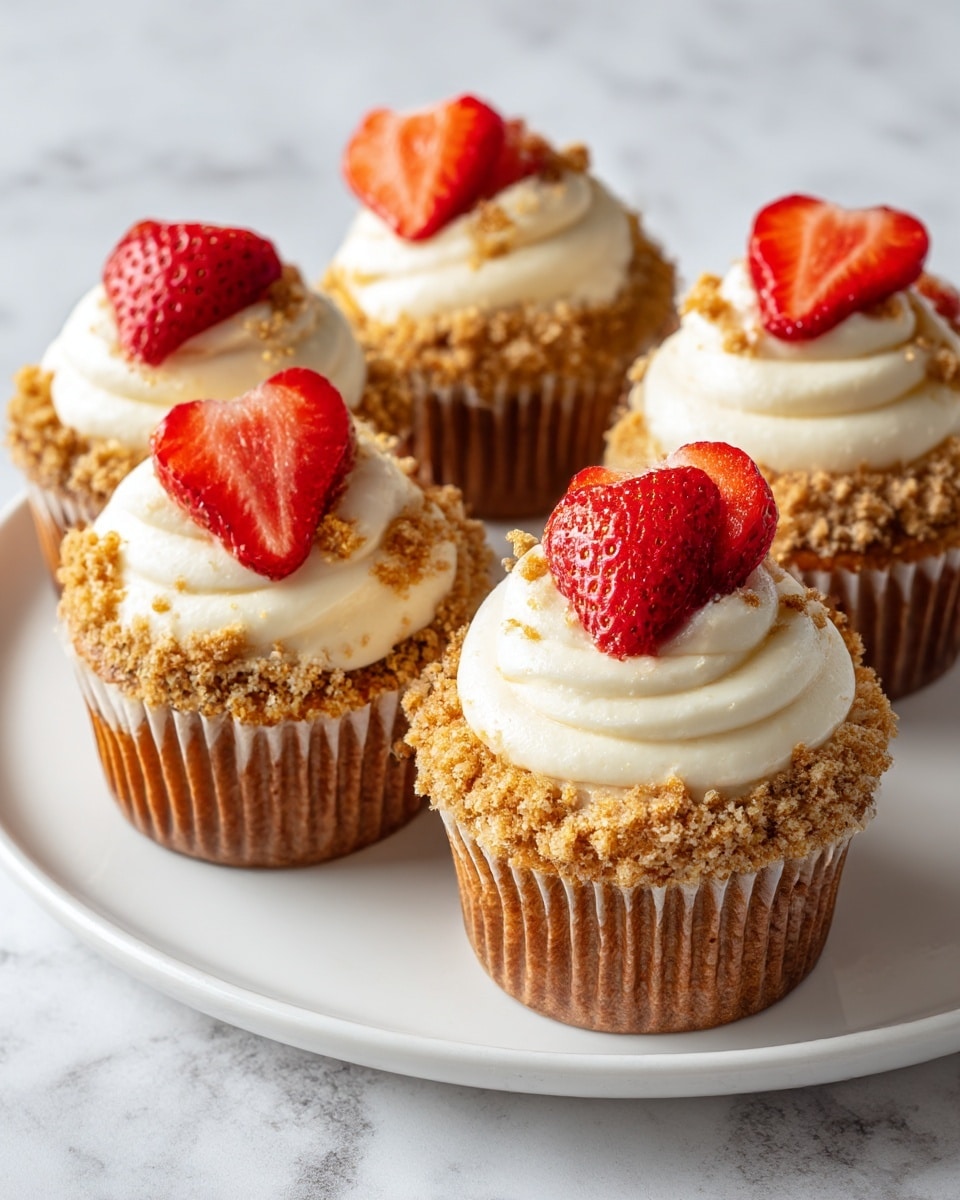 There are five cupcakes on a white plate placed on a white marbled surface. Each cupcake has a brown base wrapper, topped with a thick layer of creamy white frosting that looks smooth and soft. Around the edges of the frosting, there is a crumbly golden-brown streusel layer that gives a crunchy texture. On top of each cupcake, three bright red strawberry pieces are arranged in a triangular shape, adding a fresh and sweet look. The strawberries are glossy and juicy, contrasting nicely with the cream and crumbs. photo taken with an iphone --ar 4:5 --v 7
