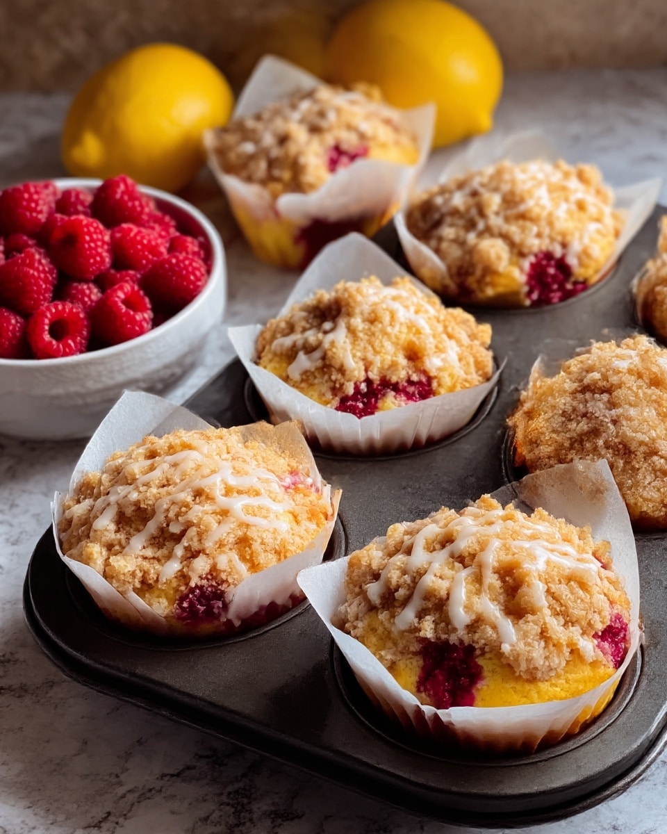 The image shows six raspberry muffins in white parchment paper cups placed in a dark metal muffin tin. Each muffin has three visible layers: a bottom soft yellow cake layer with some bright red raspberry pieces inside, a middle layer of more raspberries giving pops of dark pink and red, and a top crumbly golden brown streusel layer with small white glaze drizzles scattered unevenly over it. To the left, a white bowl filled with fresh red raspberries sits on a white marbled textured surface, and in the background, there are two yellow lemons slightly out of focus. The whole setting is lit warmly, enhancing the golden and red colors of the muffins. photo taken with an iphone --ar 4:5 --v 7