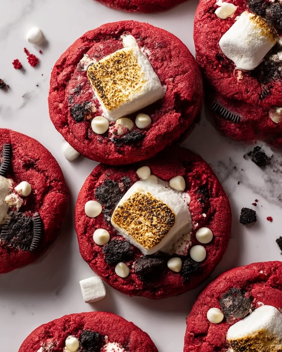 The image shows a pile of six soft red cookies placed on a white marbled surface. Each cookie has a deep red color with a slightly cracked texture and is topped with a large toasted marshmallow piece in the center, surrounded by small white chocolate chips and broken dark chocolate cookie bits, adding black and white contrast on the red base. The cookies look thick and chewy with scattered cookie crumb pieces around them, creating a cozy and rich look. Photo taken with an iphone --ar 4:5 --v 7