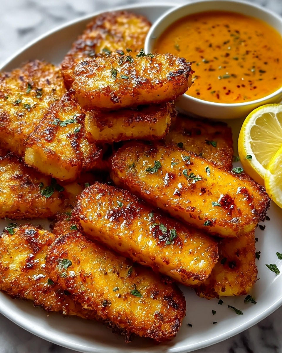 The image shows a white plate filled with golden-brown, crispy fried cheese pieces that have a crunchy texture with small charred spots. The cheese slices are stacked and layered unevenly, showing a mixture of rectangular and oval shapes, garnished with small green herb leaves sprinkled on top. To the back of the plate, there is a bowl of orange dipping sauce sprinkled with herbs and another bowl with bright yellow lemon slices, both resting on a white marbled surface. The cheese has a shiny glaze that catches the light, making it look warm and freshly cooked. Photo taken with an iphone --ar 4:5 --v 7