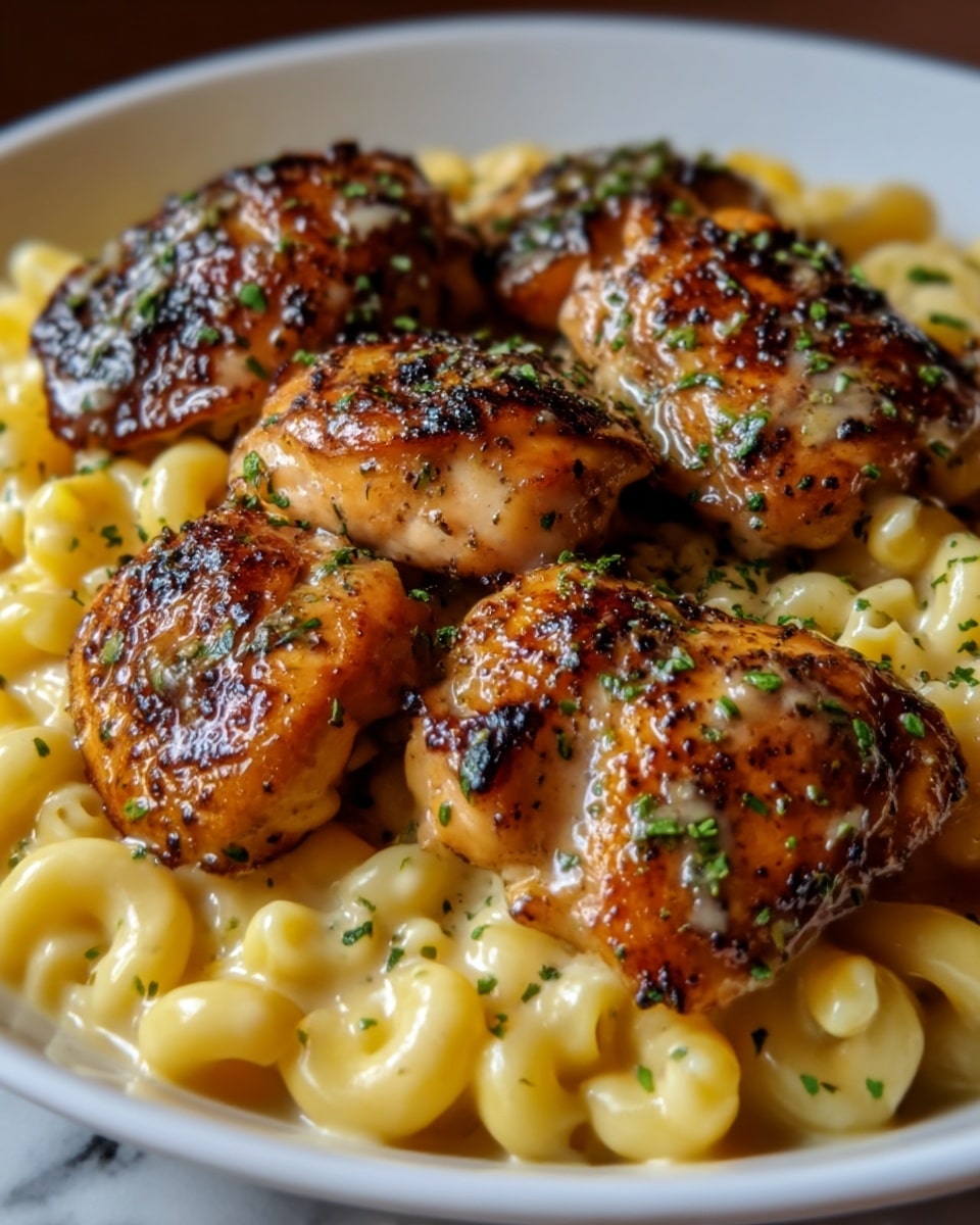 A white plate filled with creamy mac and cheese as the base layer, with small pasta shapes coated in yellow cheese sauce creating a smooth, rich texture. On top, there are four pieces of grilled chicken with a slightly charred and glossy golden-brown surface, sprinkled with green herbs and black pepper for added detail. The background is a white marbled texture. photo taken with an iphone --ar 4:5 --v 7
