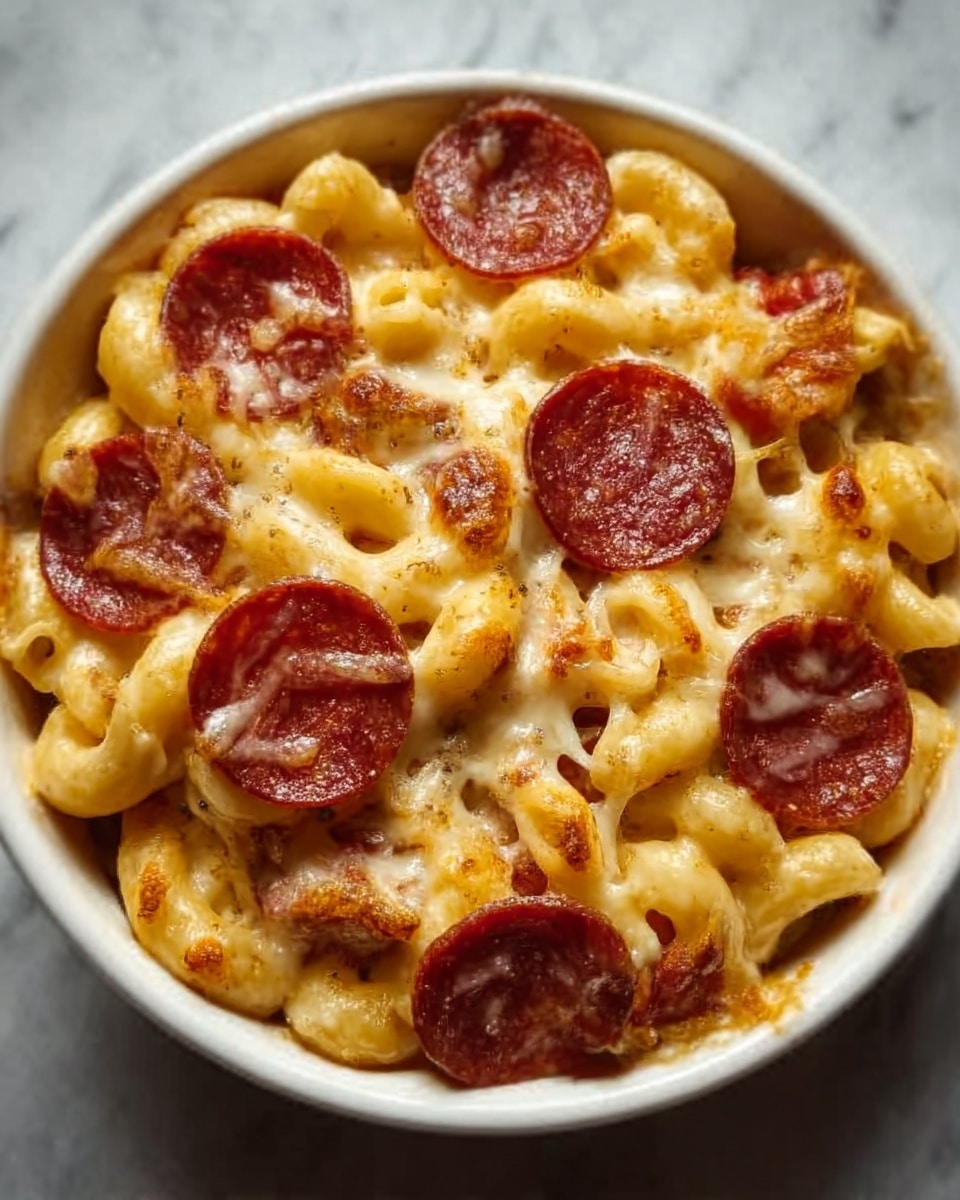 The image shows a close-up of a bowl filled with creamy macaroni and cheese mixed with slices of pepperoni. The pasta is a soft yellow color, coated in a smooth, melted cheese sauce. The pepperoni slices are a deep reddish-brown, scattered evenly on top and slightly browned from cooking. The cheese is bubbly and golden, with some browned spots where it has melted more. The bowl itself is white and sits on a white marbled surface. photo taken with an iphone --ar 4:5 --v 7