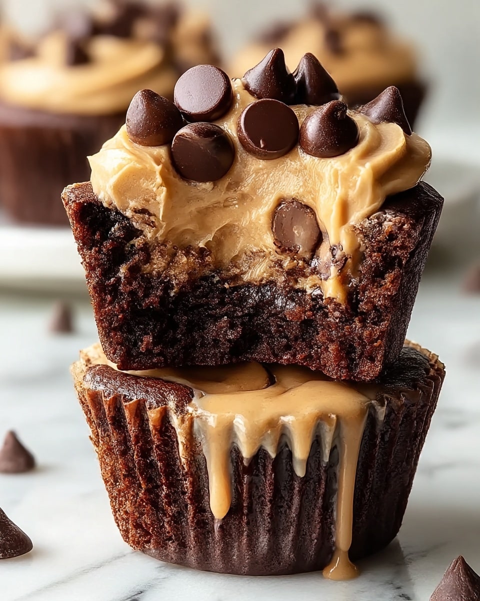 A close-up image of two stacked chocolate cupcakes with peanut butter frosting and chocolate chips. The bottom cupcake has a thick dark brown chocolate base with a smooth layer of light brown peanut butter frosting that drips slightly down the sides. The top cupcake is cut in half, showing three layers: a dark chocolate bottom layer, a middle peanut butter swirl layer mixed with more chocolate, and a top layer of peanut butter frosting with several glossy dark chocolate chips sitting on top. The image is set on a white marbled surface with a blurred background. photo taken with an iphone --ar 4:5 --v 7