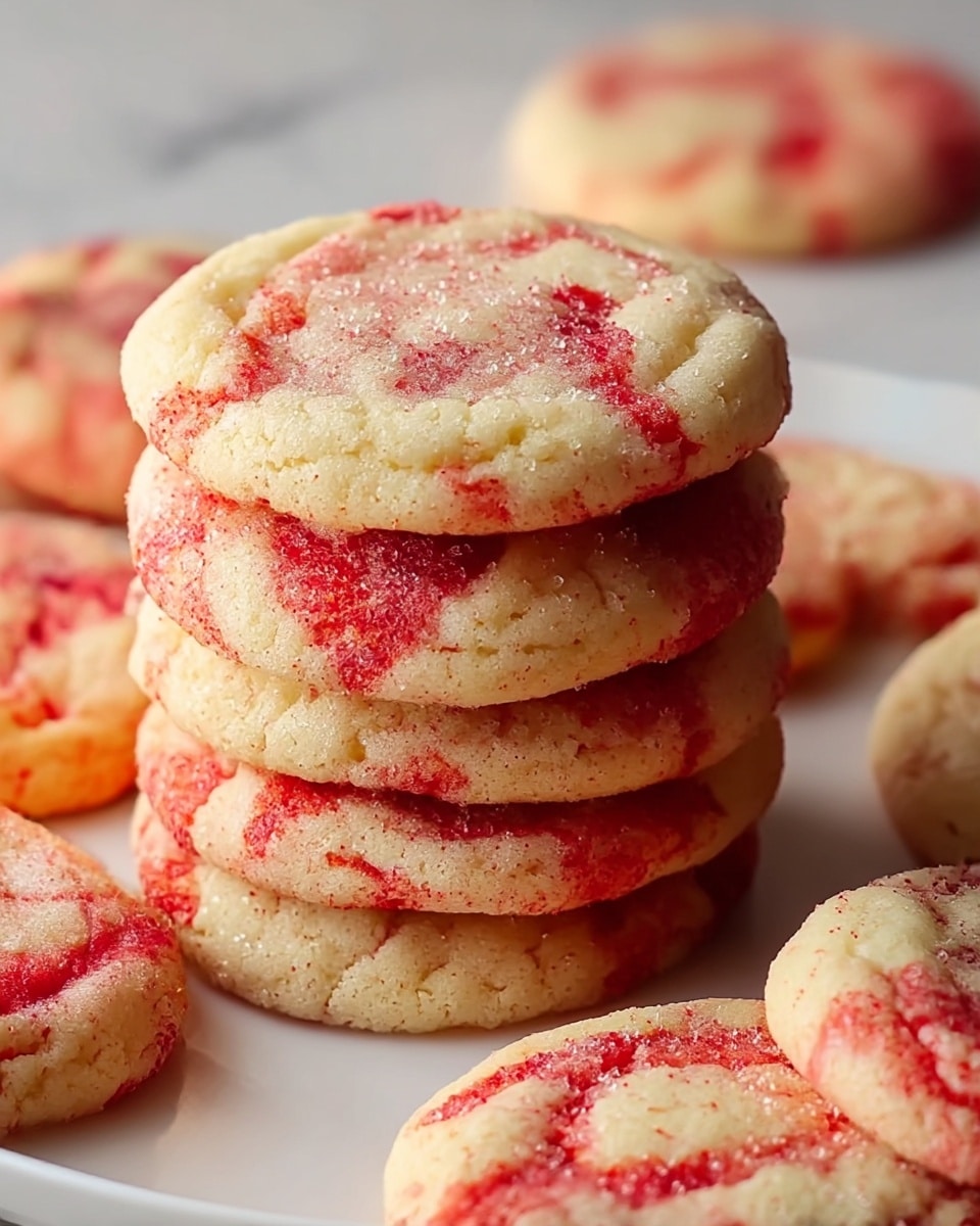 A stack of five soft, round cookies with a light beige base and bright red swirls and specks is centered on a white plate resting on a white marbled surface. The cookies have a slightly puffy texture with visible sugar crystals, and the red swirls appear unevenly spread throughout each cookie, creating a marbled effect. Around the plate, more cookies with the same pattern and texture are scattered, showcasing a mix of smooth and slightly bumpy surfaces. The overall look is warm and fresh, capturing the soft and chewy nature of the cookies. photo taken with an iphone --ar 4:5 --v 7
