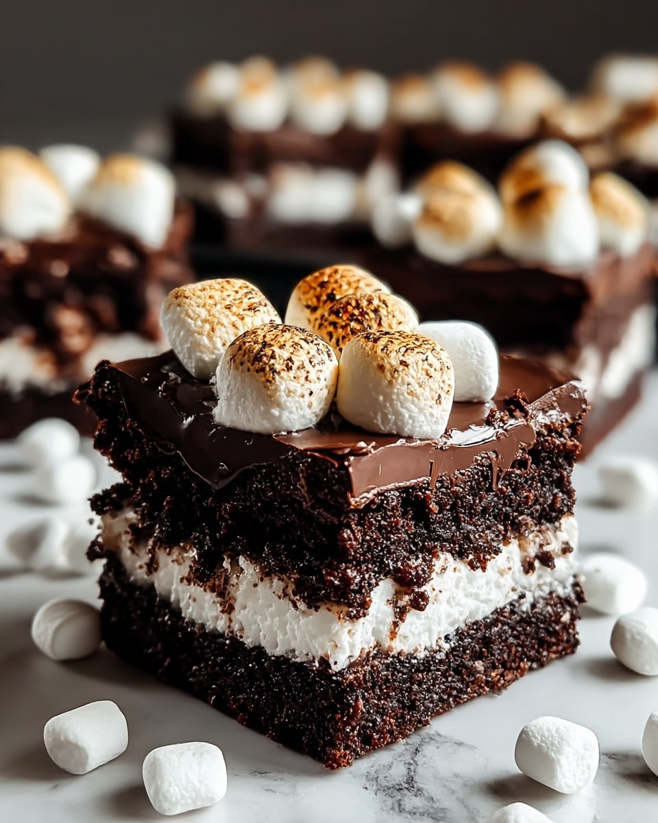 A close-up of a two-layer square brownie dessert placed on a white marbled surface, each brownie layer is dark brown and moist with a thick white marshmallow layer in between. The top is covered with melted chocolate, glossy and smooth, topped with several whole toasted marshmallows showing a light golden-brown hue on their surface. Scattered mini marshmallows surround the brownies, adding texture contrast and a casual look. The background is softly blurred with more brownie squares topped with toasted marshmallows. photo taken with an iphone --ar 4:5 --v 7