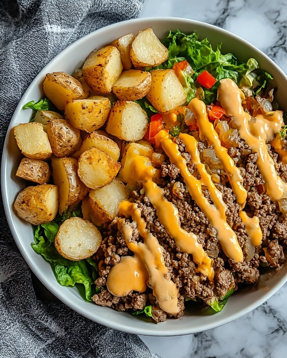 A white bowl filled with a base layer of chopped green lettuce, topped on one side with small cubed roasted potatoes with light golden-brown skin, and on the other side with a large layer of cooked ground beef mixed with sautéed onions and diced orange peppers. The beef layer is covered with thin drizzles of orange cheese sauce and creamy light beige sauce, creating a colorful pattern on top of the meat. The bowl sits on a white marbled surface with a gray and white checkered cloth beside it. photo taken with an iphone --ar 4:5 --v 7