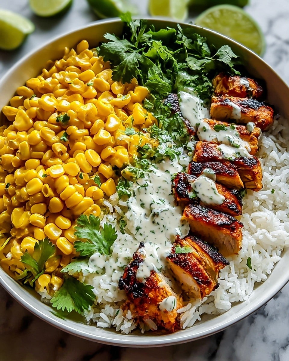 A white bowl filled with three main layers: at the bottom, white cooked rice forms a soft base; on the left side, bright yellow grilled corn kernels with some char marks add a slight crisp texture; on the right side, golden brown grilled chicken pieces with dark charred spots are arranged in a line. Fresh green cilantro and parsley leaves sit beside the chicken, adding a pop of color. A white creamy sauce with herbs is drizzled over the chicken and corn, giving a smooth contrast. The bowl sits on a white marbled surface with lime wedges blurred in the background. photo taken with an iphone --ar 4:5 --v 7
