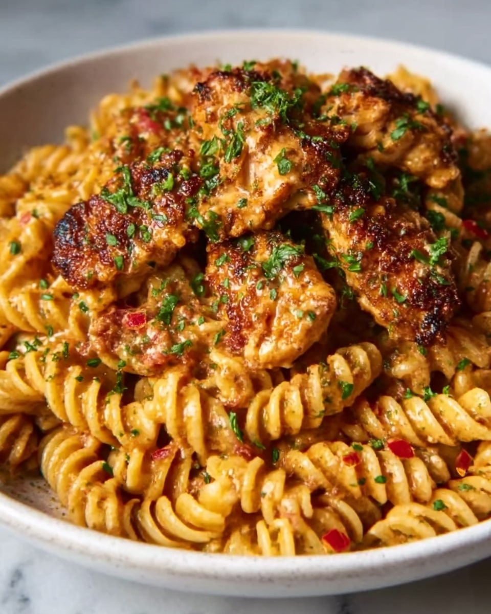 The image shows a close-up of a bowl filled with spiral pasta covered in a thick sauce that has a light orange color. On top of the pasta, there are several pieces of golden-brown chicken with a crispy texture and sprinkled with finely chopped green herbs. Small bits of red pepper are scattered around the dish, adding a touch of color contrast. The bowl is white and placed on a white marbled surface, which gives a clean and bright look. photo taken with an iphone --ar 4:5 --v 7