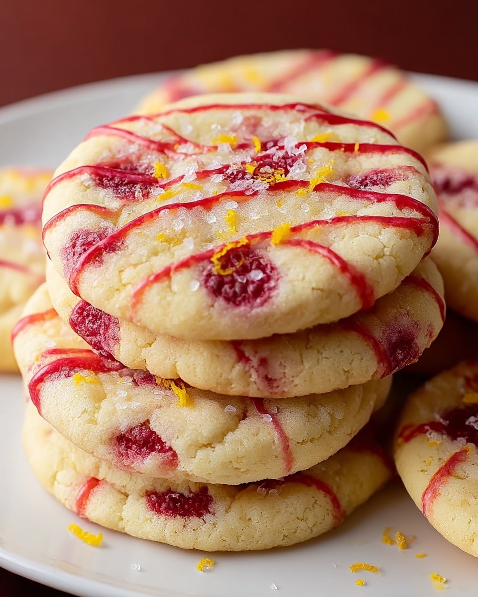 A close-up view of a stack of soft, round cookies on a white plate, each cookie showing a pale golden base with embedded whole raspberries giving bright red spots. The top cookie is decorated with thin, wavy red drizzle lines, and sprinkled with coarse sugar crystals and small bits of yellow zest scattered over the surface. The cookies have a slightly bumpy texture and look moist and chewy photo taken with an iphone --ar 4:5 --v 7