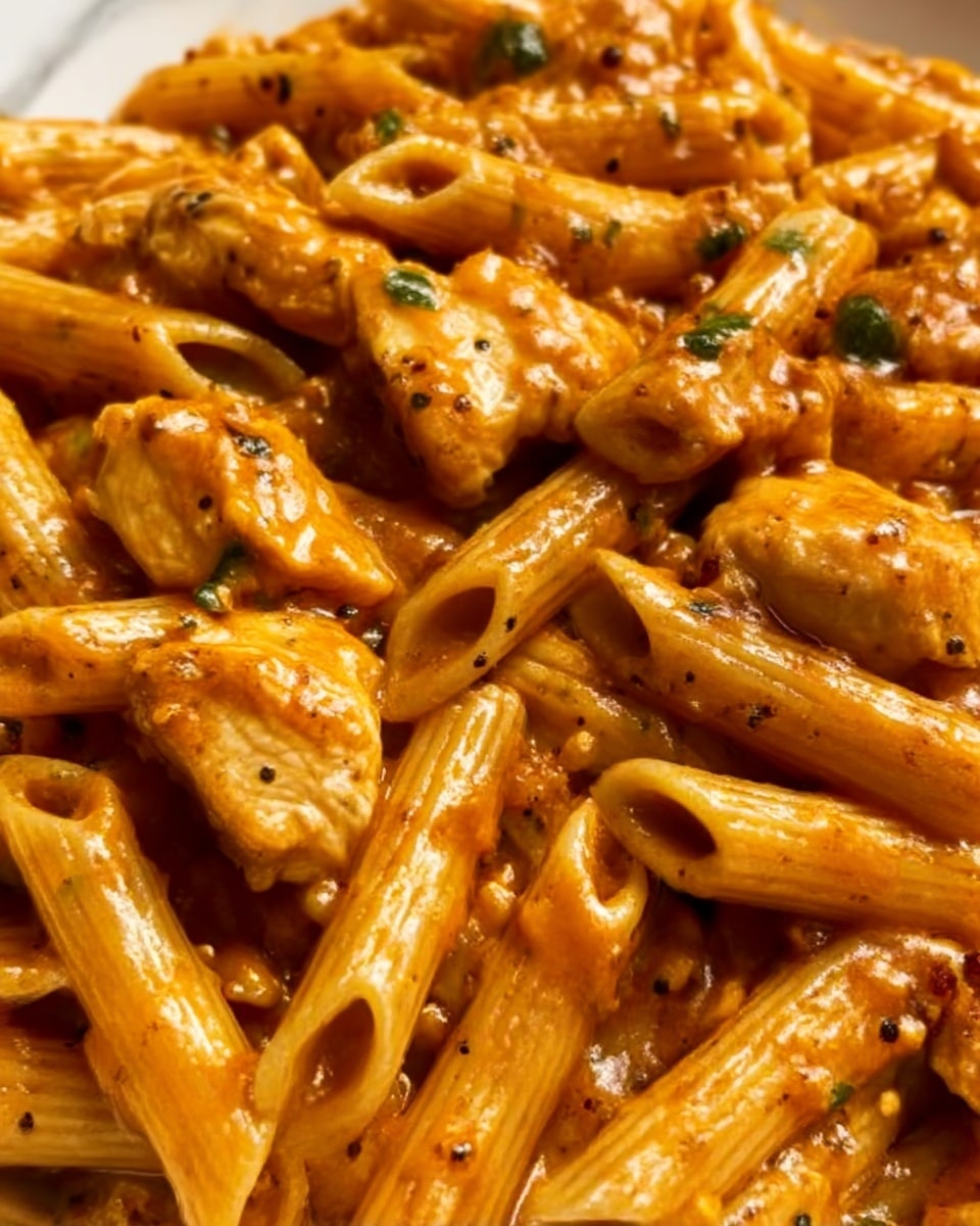 The image shows a close-up of penne pasta mixed with pieces of cooked chicken in a thick, rich orange sauce. The pasta is light brown with ridges and is evenly coated with the sauce, which appears glossy. The chicken pieces are white with a slightly browned surface, scattered throughout the pasta. Small bits of herbs and spices are visible on the sauce, adding specks of green and black. The background is a white marbled texture. Photo taken with an iphone --ar 4:5 --v 7