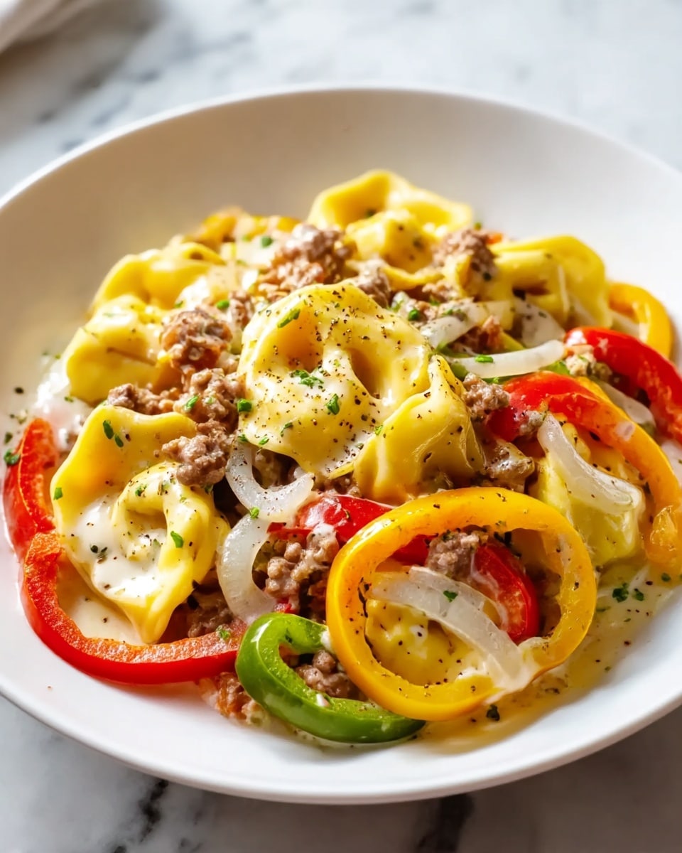 A white plate filled with a creamy pasta dish that has about three layers visible: the top layer is yellow tortellini pasta with a smooth and slightly shiny texture, mixed with small bits of ground meat that are brown and crumbly, and thin slices of white onion with a soft, translucent look; underneath are vibrant red, yellow, and green bell pepper strips providing bright pops of color and a slight crunch texture, all coated lightly with a white creamy sauce dotted with small green herb pieces and black pepper sprinkling on top; the plate is set on a white marbled surface with a soft natural light highlighting the textures and colors. photo taken with an iphone --ar 4:5 --v 7