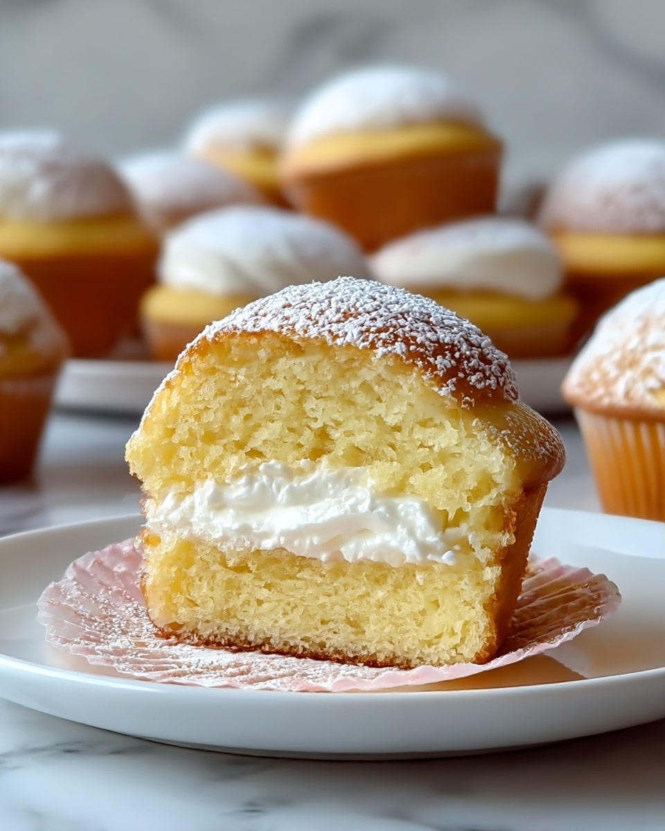 A close-up view showing a cream-filled cupcake sliced in half and placed on a white plate. The cupcake has two layers of soft, light yellow cake with a fluffy white cream filling in the middle. The top of the cupcake is golden brown and dusted with a light layer of powdered sugar. In the background, several whole cupcakes with the same golden tops and powdered sugar are slightly out of focus. All are set on a white marbled surface. photo taken with an iphone --ar 4:5 --v 7